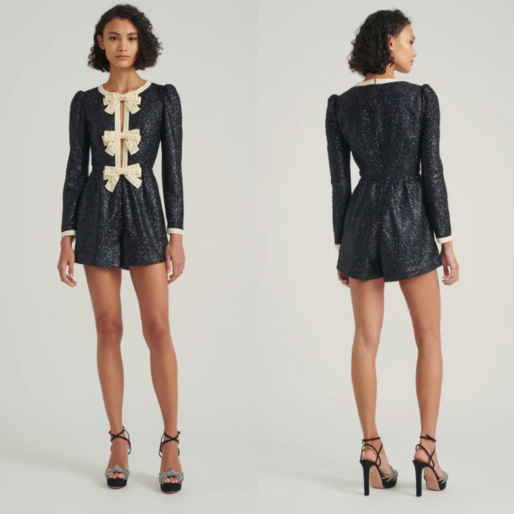 Saloni Sequin Camille B Bow Crystal Embellished Silk Trim Romper Cocktail NWT - Picture 2 of 12